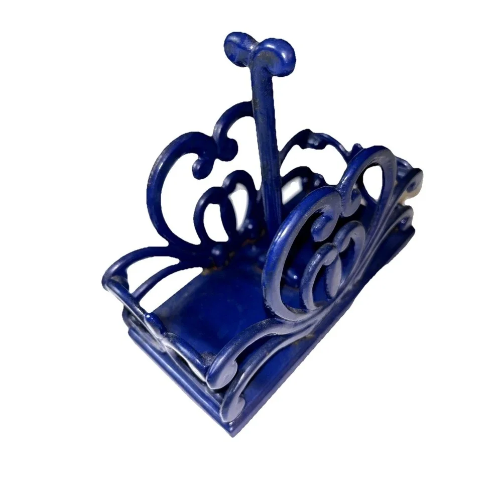 Cast Iron Enamel Napkin S&P Holder Cobalt Blue Scroll Country Farmhouse Cottage
